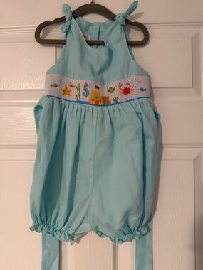 Anavini Smocked Sea Life Light Blue Baby Romper - 3T